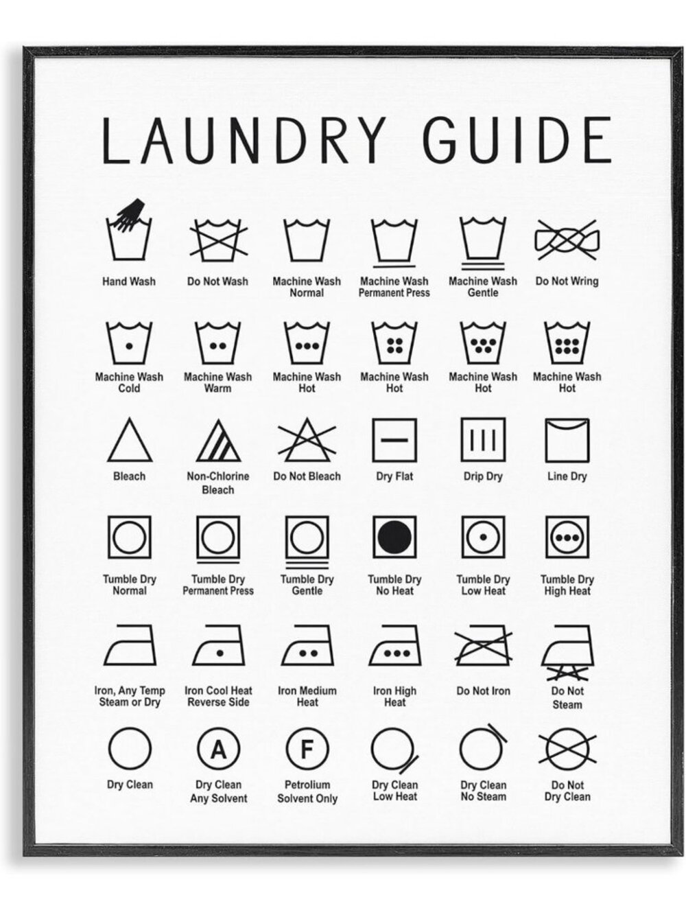 Framed Minimal Laundry Guide Chart | Stylish Home Decor & Wall Art